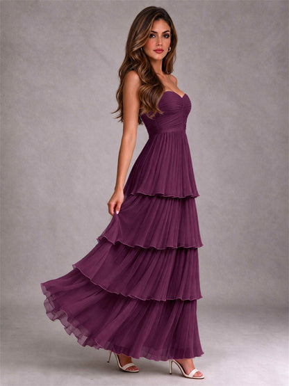 Strapless A-Line Chiffon Tiered Pleated Floor-Length Wedding Guest Dress