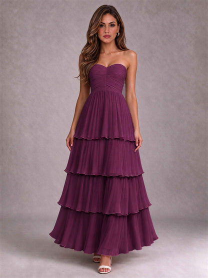 Strapless A-Line Chiffon Tiered Pleated Floor-Length Wedding Guest Dress