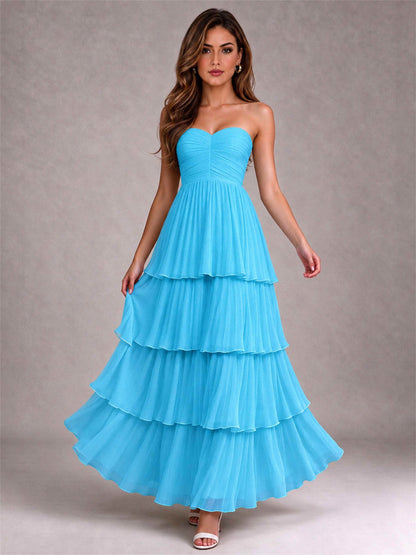 Strapless A-Line Chiffon Tiered Pleated Floor-Length Wedding Guest Dress