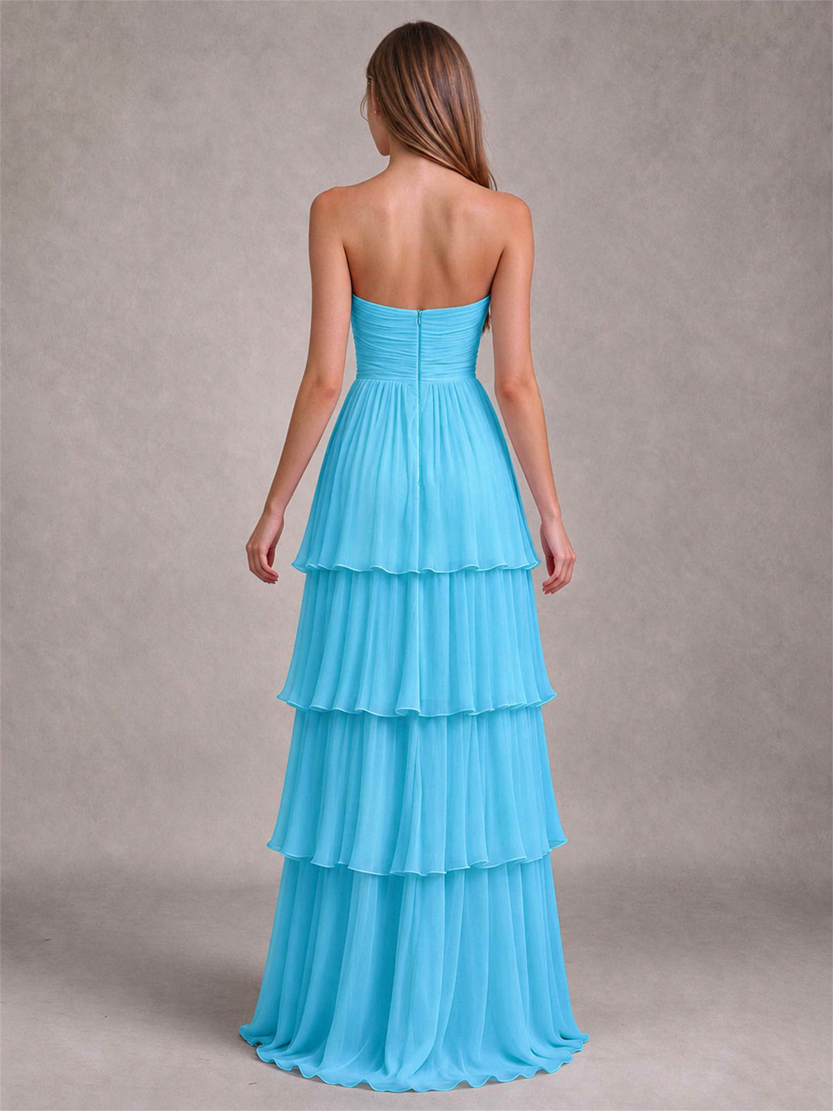 Strapless A-Line Chiffon Tiered Pleated Floor-Length Wedding Guest Dress