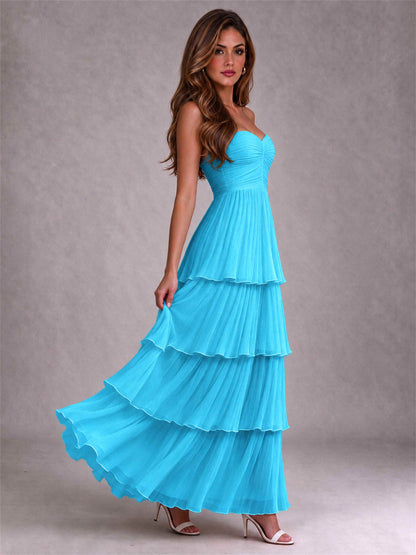 Strapless A-Line Chiffon Tiered Pleated Floor-Length Wedding Guest Dress