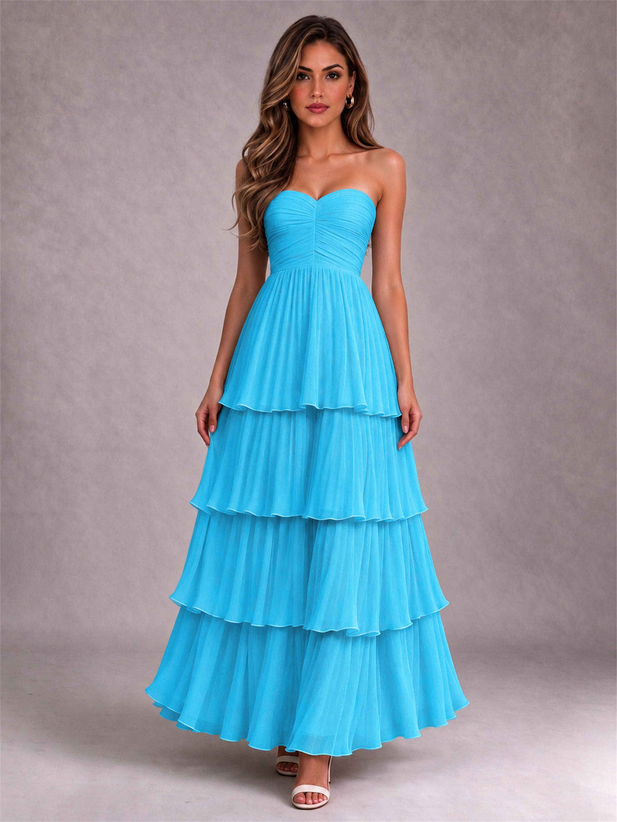 Strapless A-Line Chiffon Tiered Pleated Floor-Length Wedding Guest Dress