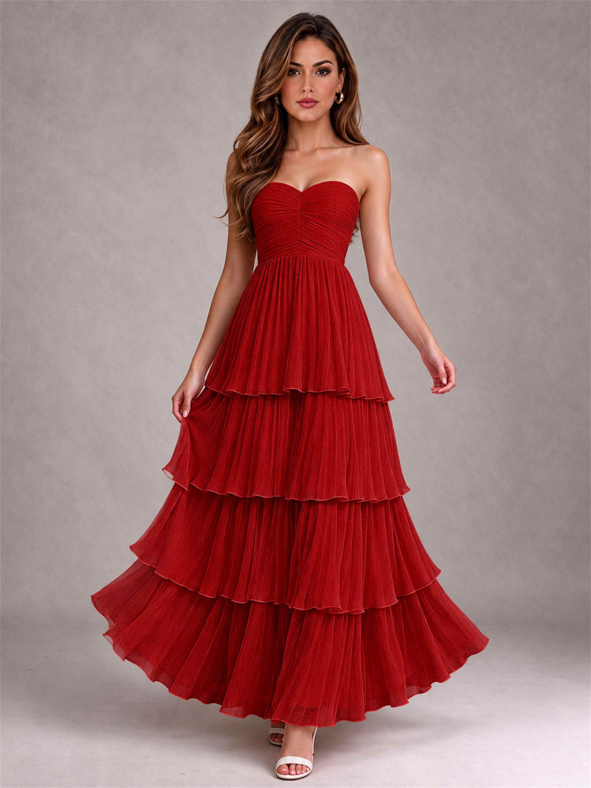 Strapless A-Line Chiffon Tiered Pleated Floor-Length Wedding Guest Dress