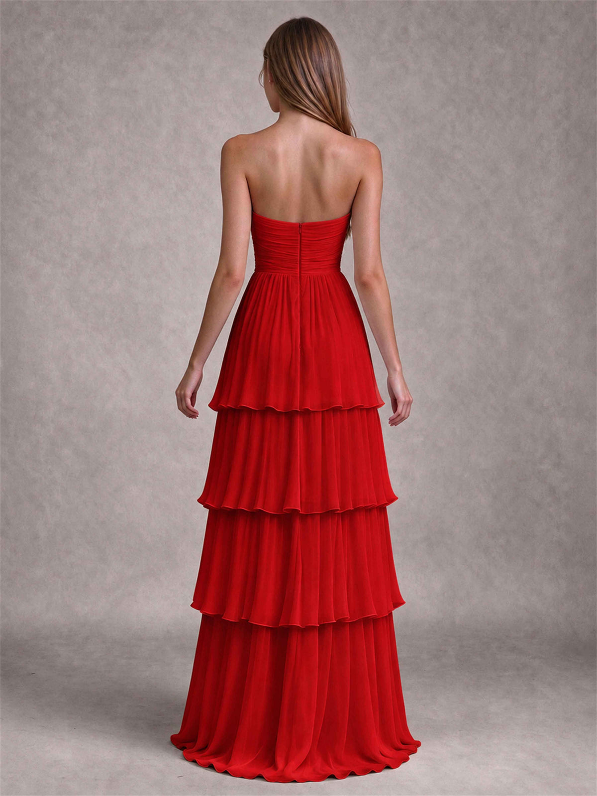 Strapless A-Line Chiffon Tiered Pleated Floor-Length Wedding Guest Dress