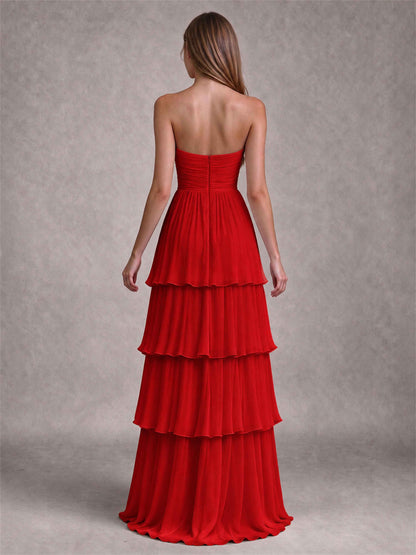 Strapless A-Line Chiffon Tiered Pleated Floor-Length Wedding Guest Dress