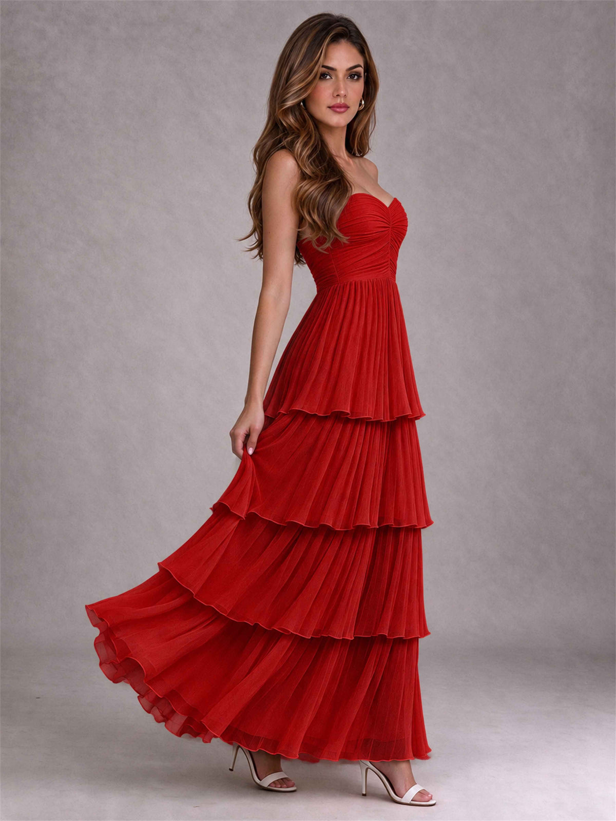 Strapless A-Line Chiffon Tiered Pleated Floor-Length Wedding Guest Dress