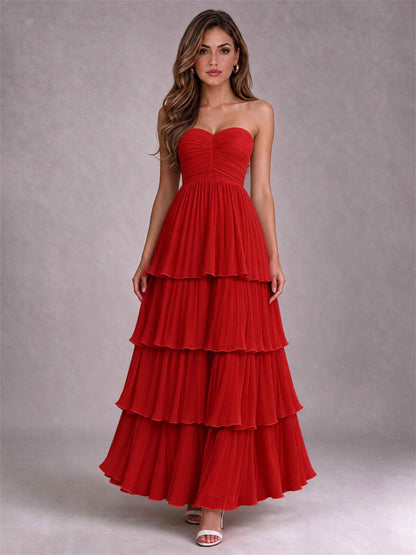 Strapless A-Line Chiffon Tiered Pleated Floor-Length Wedding Guest Dress