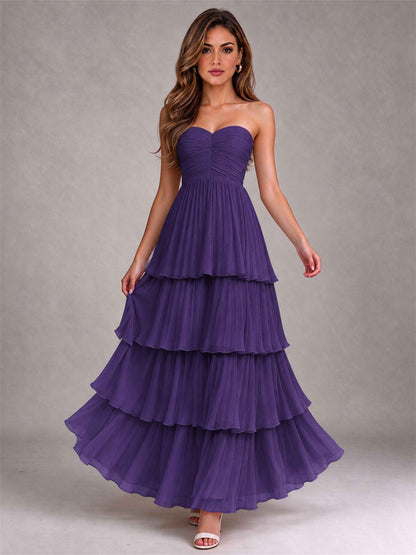 Strapless A-Line Chiffon Tiered Pleated Floor-Length Wedding Guest Dress