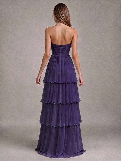 Strapless A-Line Chiffon Tiered Pleated Floor-Length Wedding Guest Dress