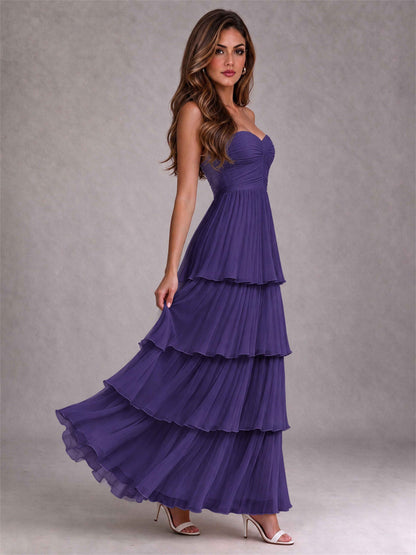 Strapless A-Line Chiffon Tiered Pleated Floor-Length Wedding Guest Dress