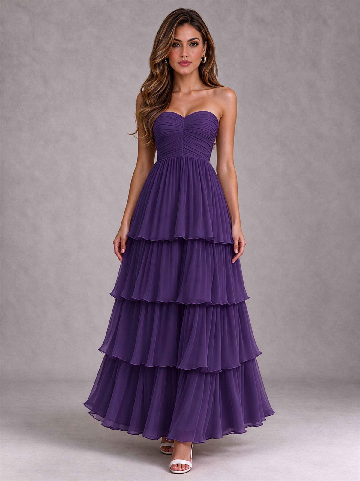 Strapless A-Line Chiffon Tiered Pleated Floor-Length Wedding Guest Dress