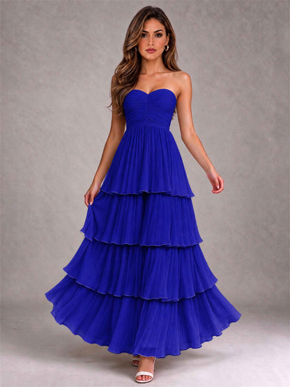 Strapless A-Line Chiffon Tiered Pleated Floor-Length Wedding Guest Dress