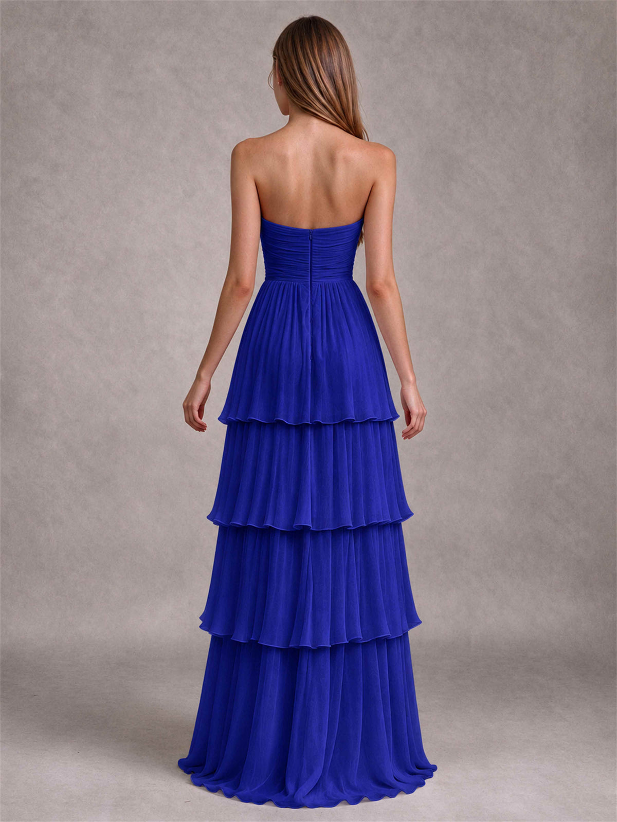 Strapless A-Line Chiffon Tiered Pleated Floor-Length Wedding Guest Dress