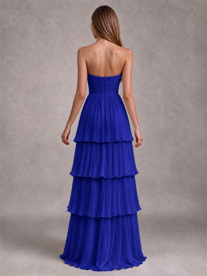 Strapless A-Line Chiffon Tiered Pleated Floor-Length Wedding Guest Dress