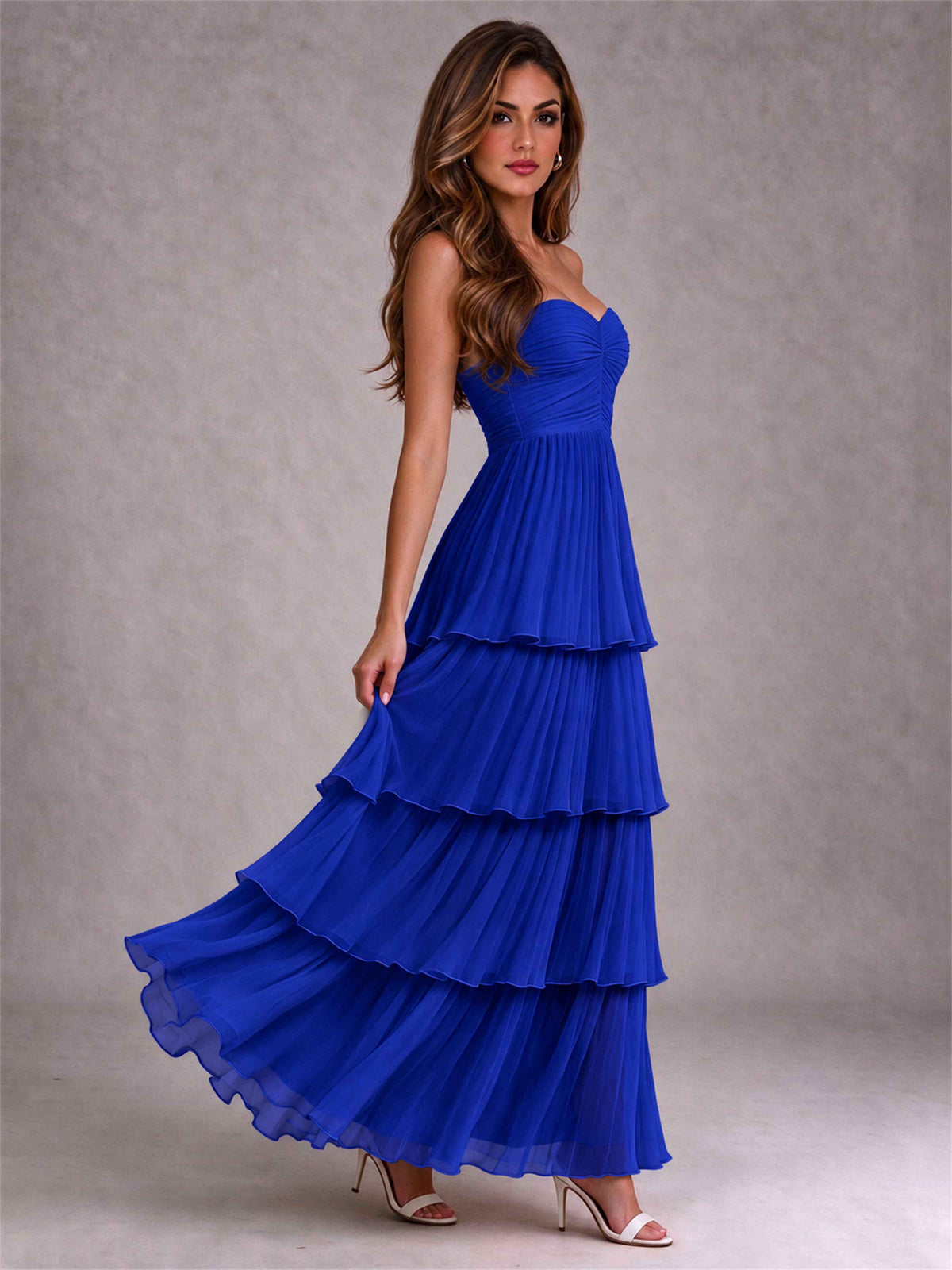 Strapless A-Line Chiffon Tiered Pleated Floor-Length Wedding Guest Dress