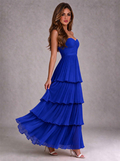 Strapless A-Line Chiffon Tiered Pleated Floor-Length Wedding Guest Dress