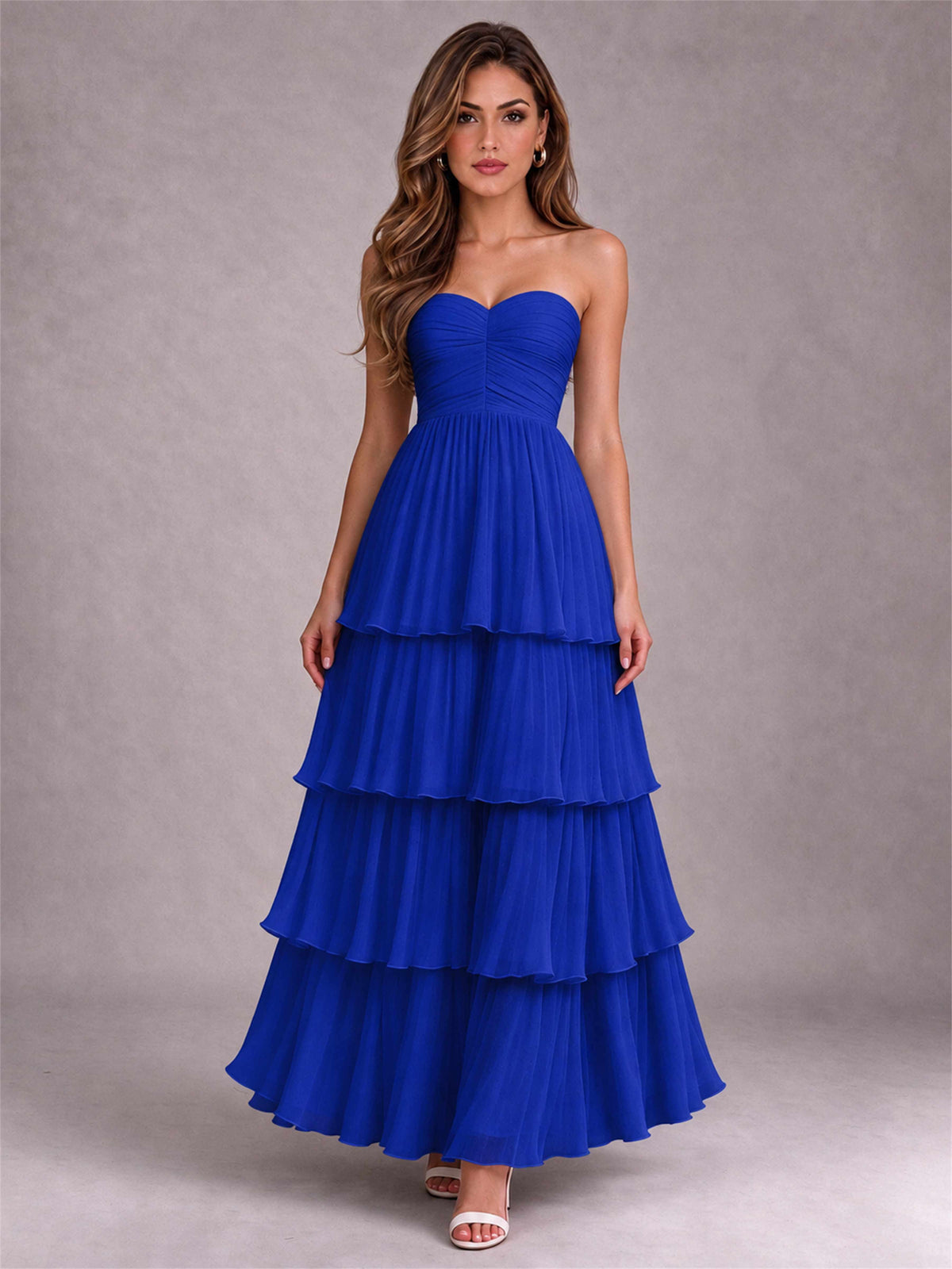 Strapless A-Line Chiffon Tiered Pleated Floor-Length Wedding Guest Dress