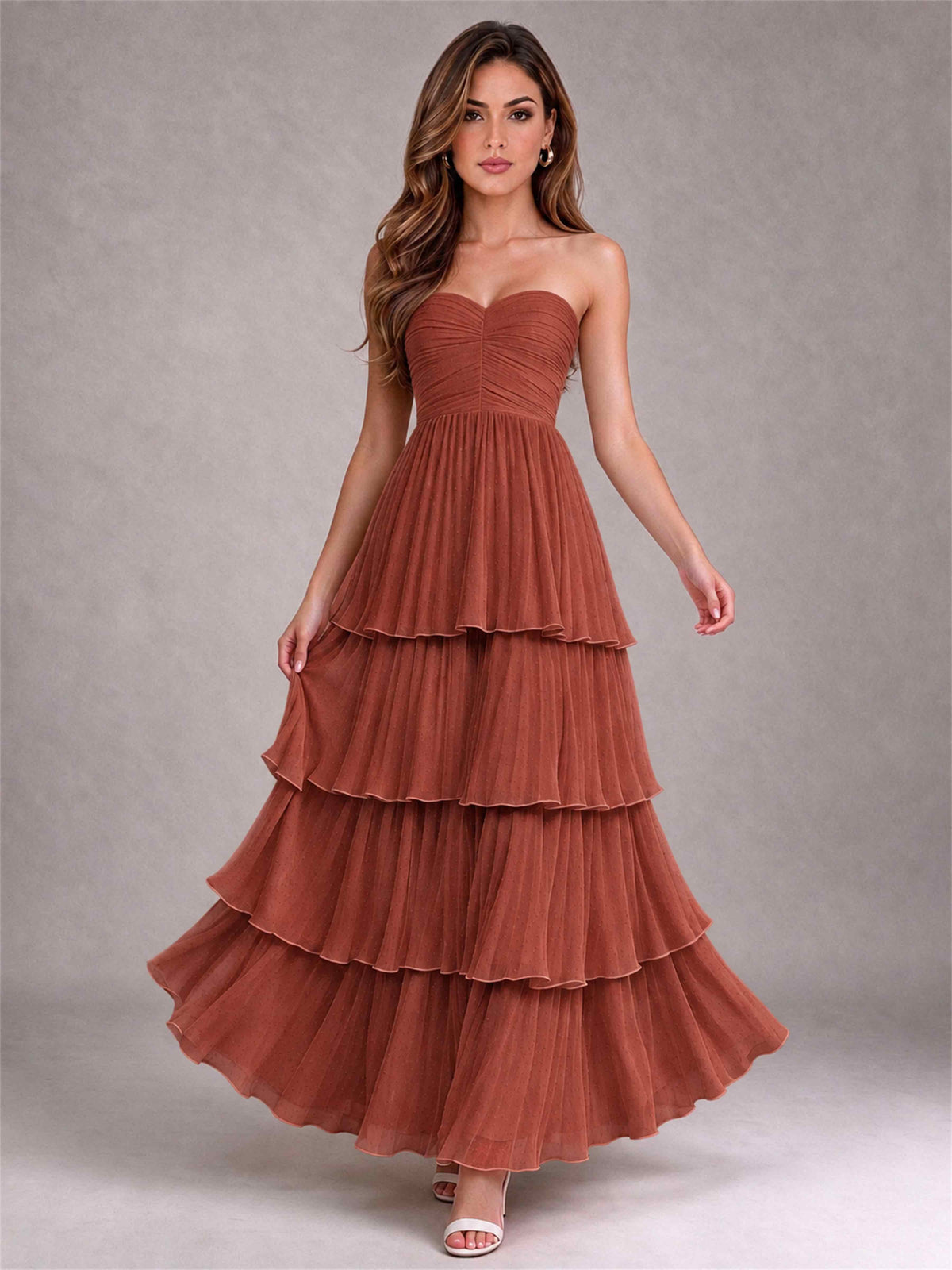 Strapless A-Line Chiffon Tiered Pleated Floor-Length Wedding Guest Dress