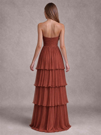 Strapless A-Line Chiffon Tiered Pleated Floor-Length Wedding Guest Dress