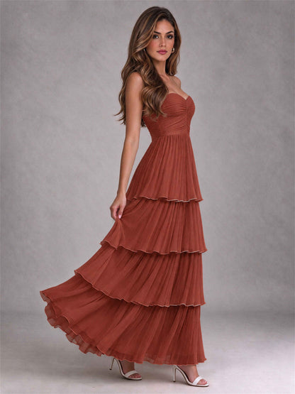 Strapless A-Line Chiffon Tiered Pleated Floor-Length Wedding Guest Dress