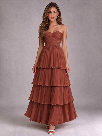 Strapless A-Line Chiffon Tiered Pleated Floor-Length Wedding Guest Dress