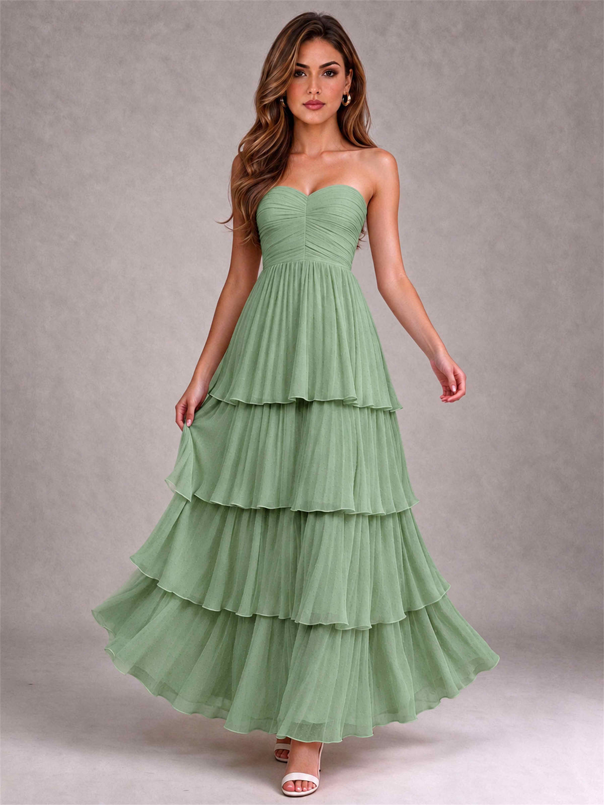 Strapless A-Line Chiffon Tiered Pleated Floor-Length Wedding Guest Dress