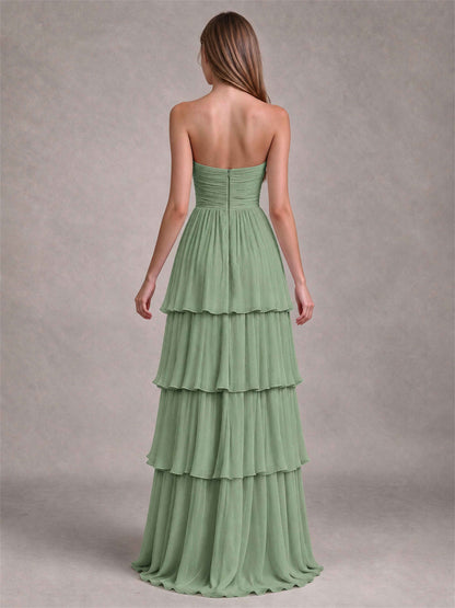 Strapless A-Line Chiffon Tiered Pleated Floor-Length Wedding Guest Dress