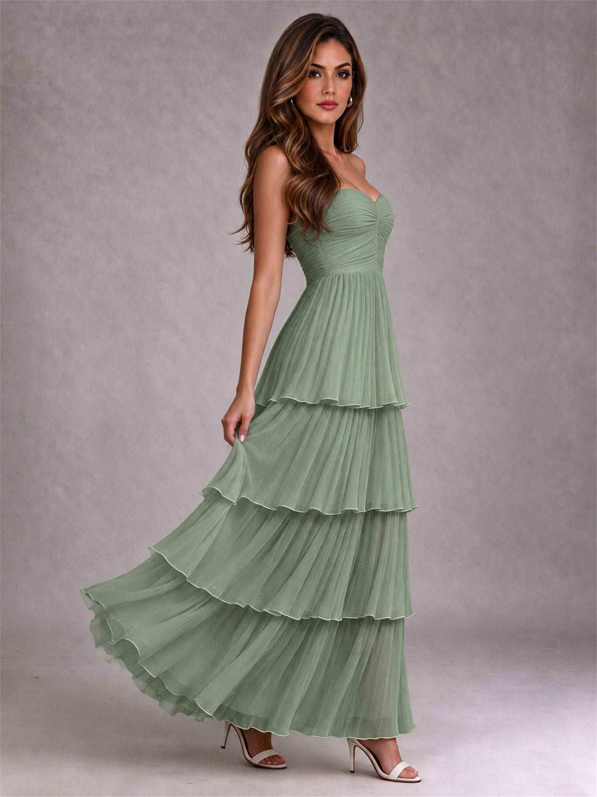 Strapless A-Line Chiffon Tiered Pleated Floor-Length Wedding Guest Dress