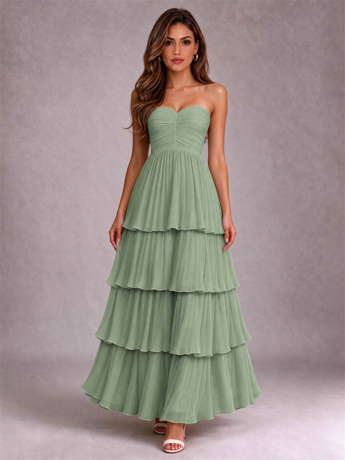 Strapless A-Line Chiffon Tiered Pleated Floor-Length Wedding Guest Dress