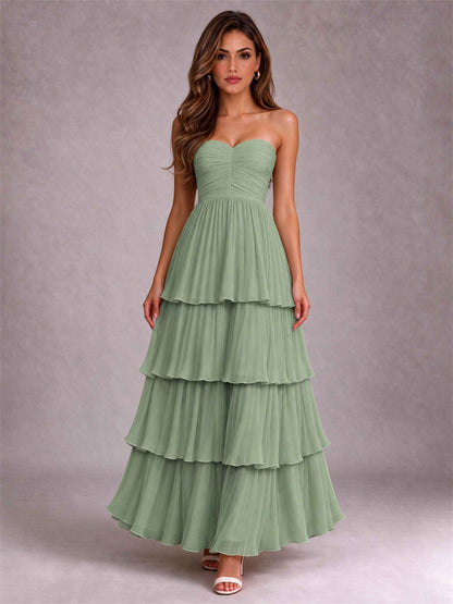 Strapless A-Line Chiffon Tiered Pleated Floor-Length Wedding Guest Dress