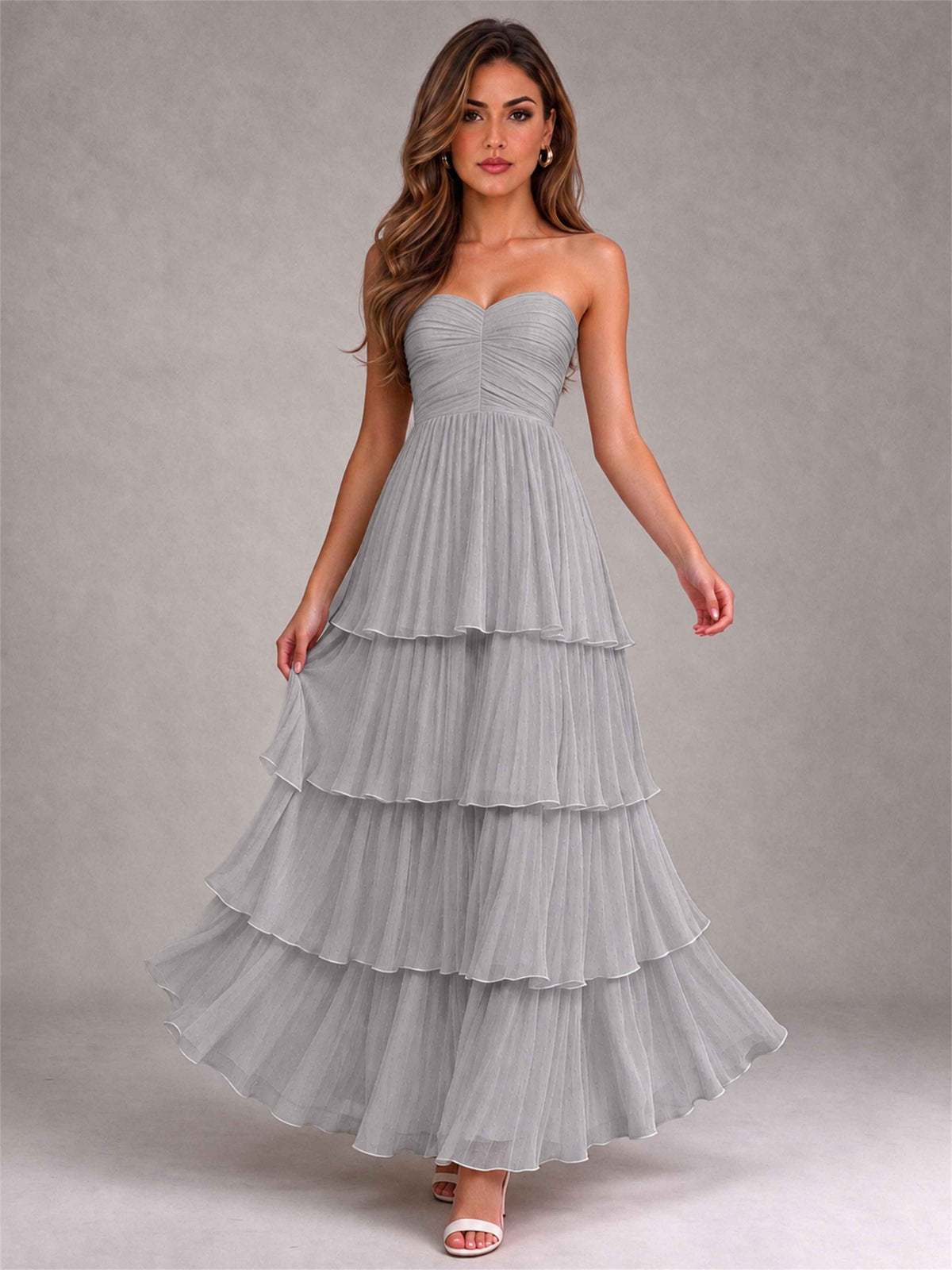 Strapless A-Line Chiffon Tiered Pleated Floor-Length Wedding Guest Dress