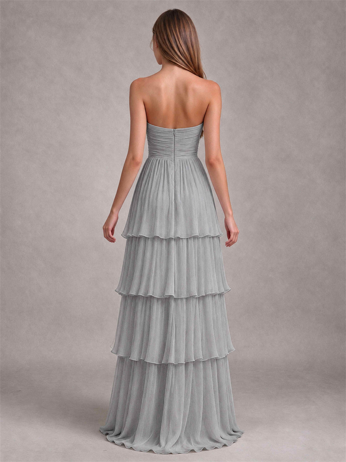 Strapless A-Line Chiffon Tiered Pleated Floor-Length Wedding Guest Dress