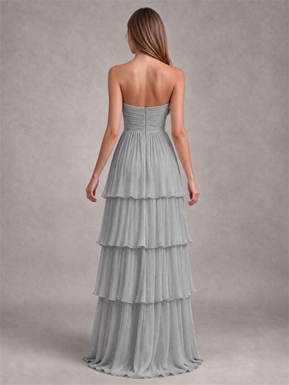 Strapless A-Line Chiffon Tiered Pleated Floor-Length Wedding Guest Dress