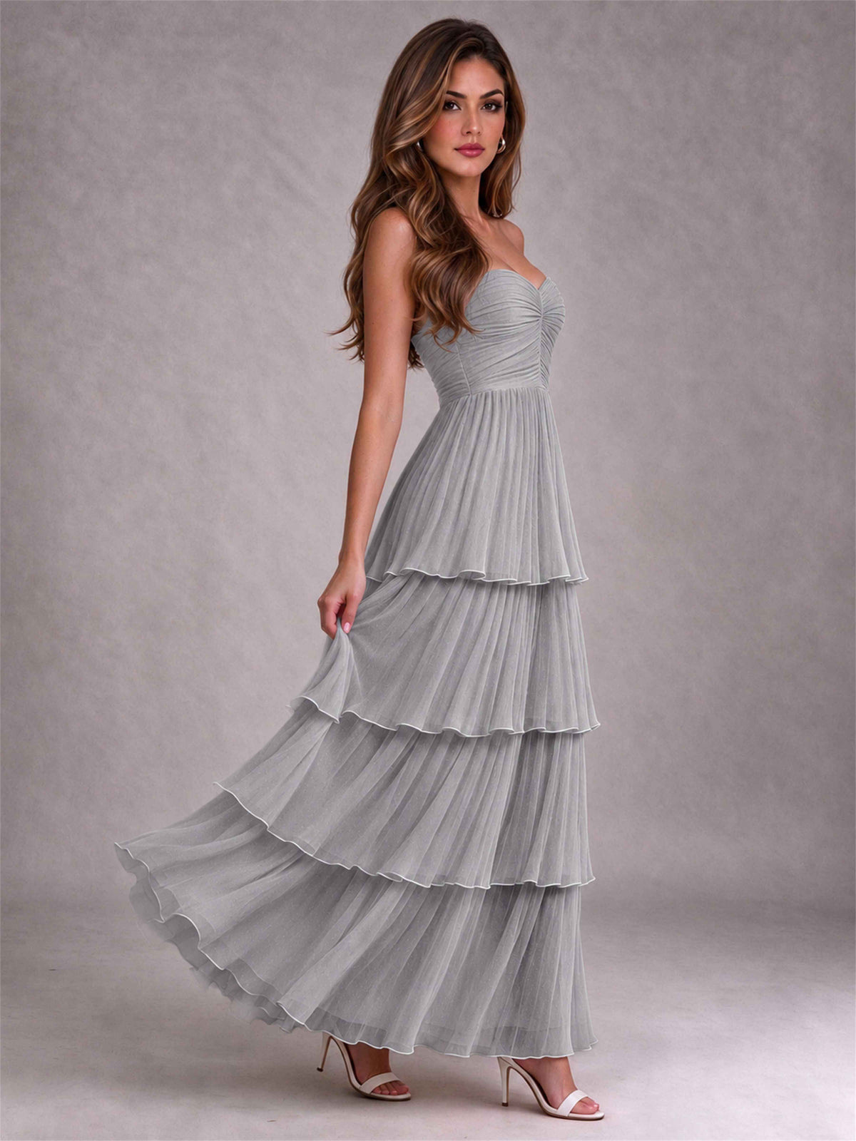 Strapless A-Line Chiffon Tiered Pleated Floor-Length Wedding Guest Dress