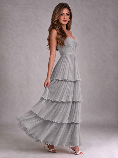 Strapless A-Line Chiffon Tiered Pleated Floor-Length Wedding Guest Dress