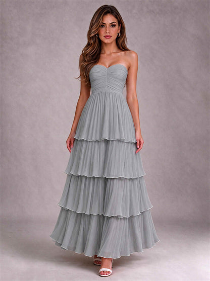 Strapless A-Line Chiffon Tiered Pleated Floor-Length Wedding Guest Dress