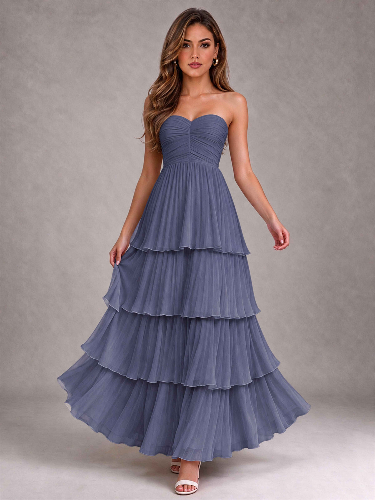 Strapless A-Line Chiffon Tiered Pleated Floor-Length Wedding Guest Dress