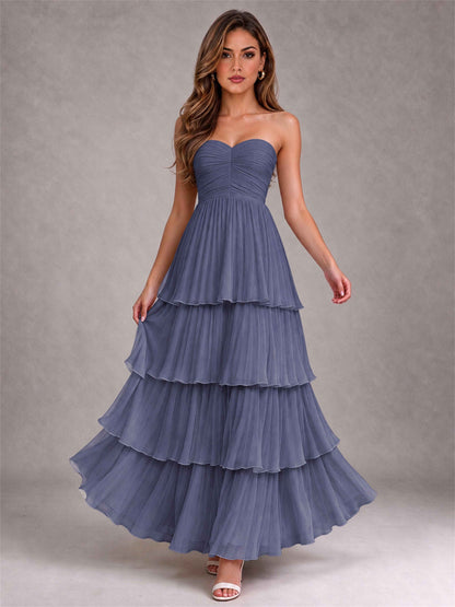 Strapless A-Line Chiffon Tiered Pleated Floor-Length Wedding Guest Dress