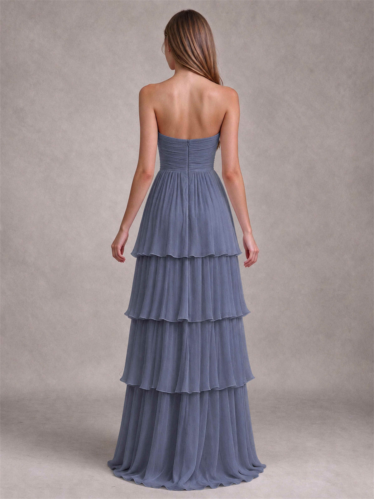 Strapless A-Line Chiffon Tiered Pleated Floor-Length Wedding Guest Dress