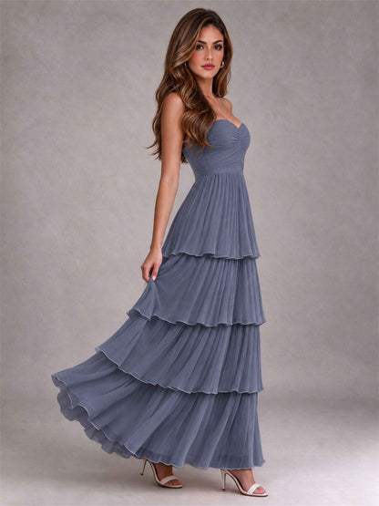 Strapless A-Line Chiffon Tiered Pleated Floor-Length Wedding Guest Dress