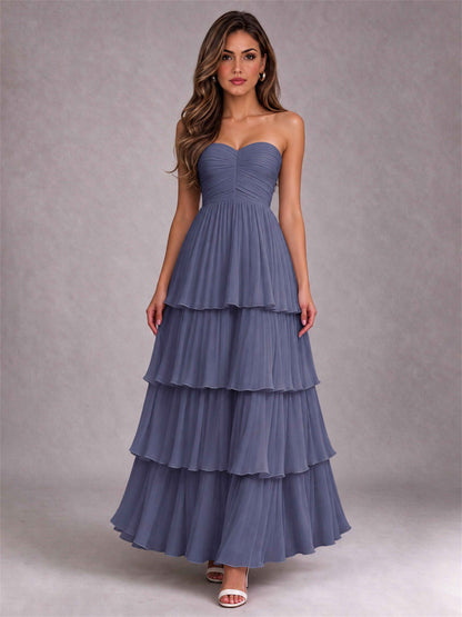 Strapless A-Line Chiffon Tiered Pleated Floor-Length Wedding Guest Dress