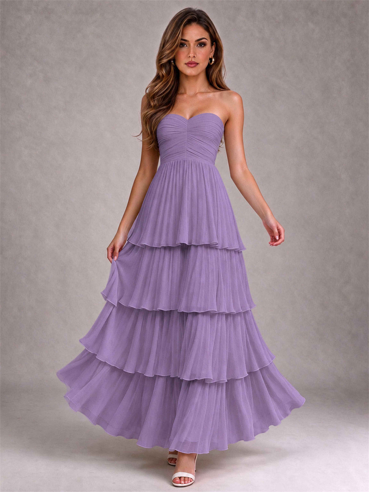 Strapless A-Line Chiffon Tiered Pleated Floor-Length Wedding Guest Dress