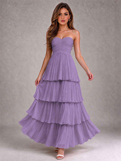 Strapless A-Line Chiffon Tiered Pleated Floor-Length Wedding Guest Dress