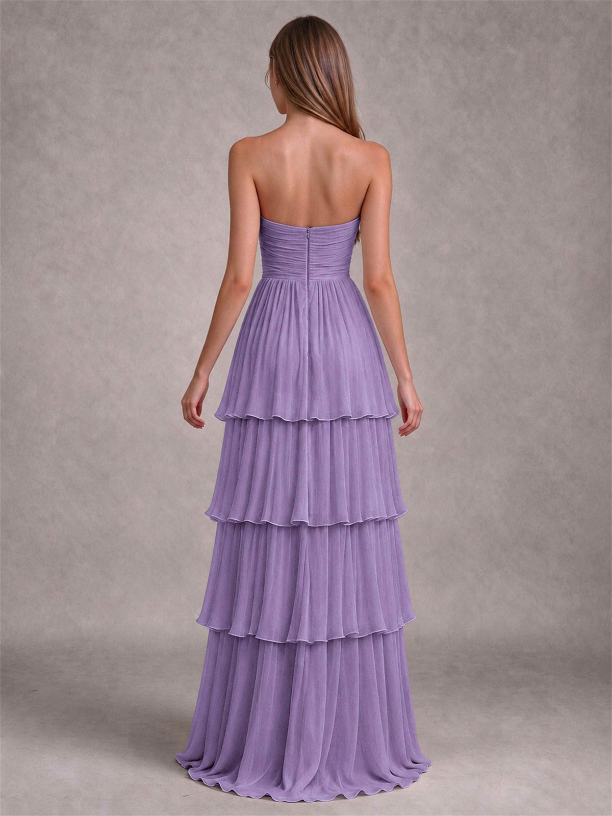 Strapless A-Line Chiffon Tiered Pleated Floor-Length Wedding Guest Dress