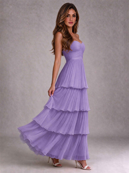 Strapless A-Line Chiffon Tiered Pleated Floor-Length Wedding Guest Dress
