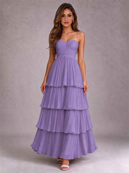 Strapless A-Line Chiffon Tiered Pleated Floor-Length Wedding Guest Dress