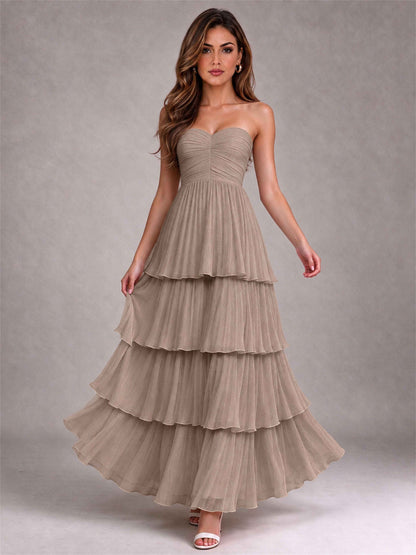 Strapless A-Line Chiffon Tiered Pleated Floor-Length Wedding Guest Dress