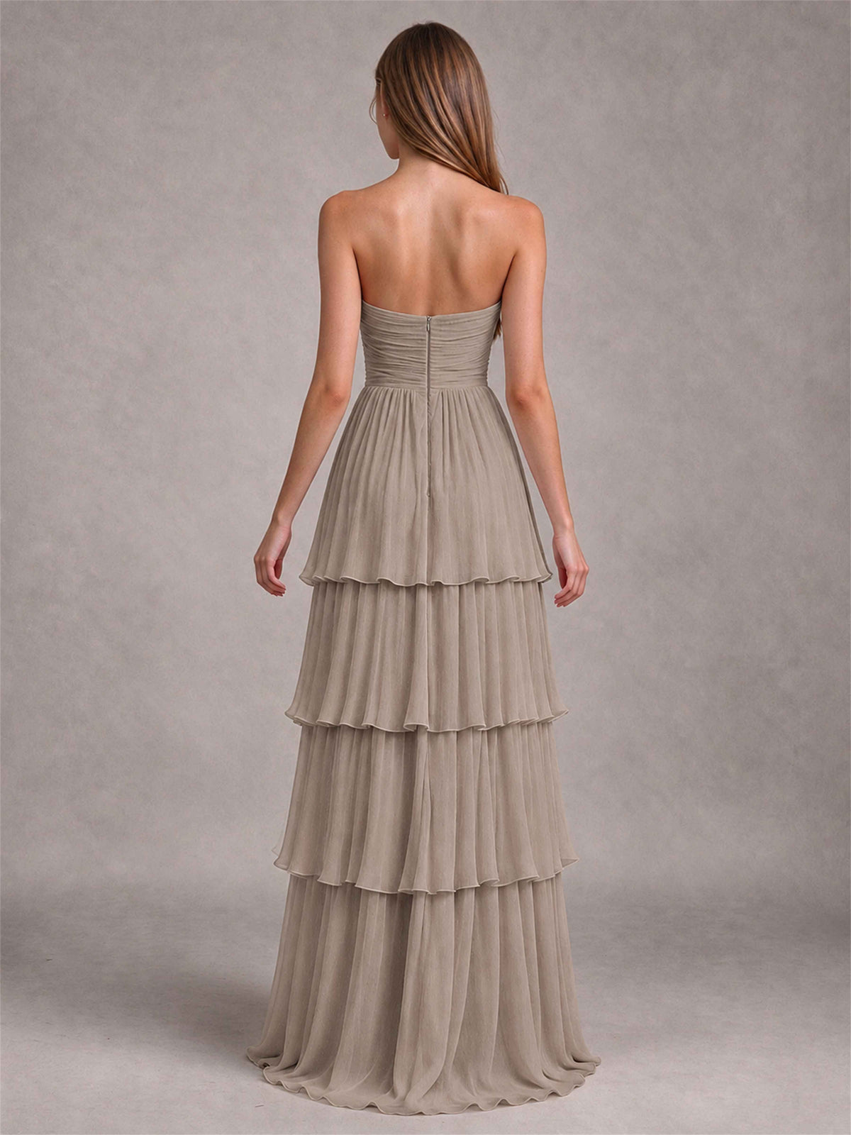 Strapless A-Line Chiffon Tiered Pleated Floor-Length Wedding Guest Dress