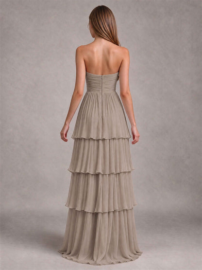 Strapless A-Line Chiffon Tiered Pleated Floor-Length Wedding Guest Dress