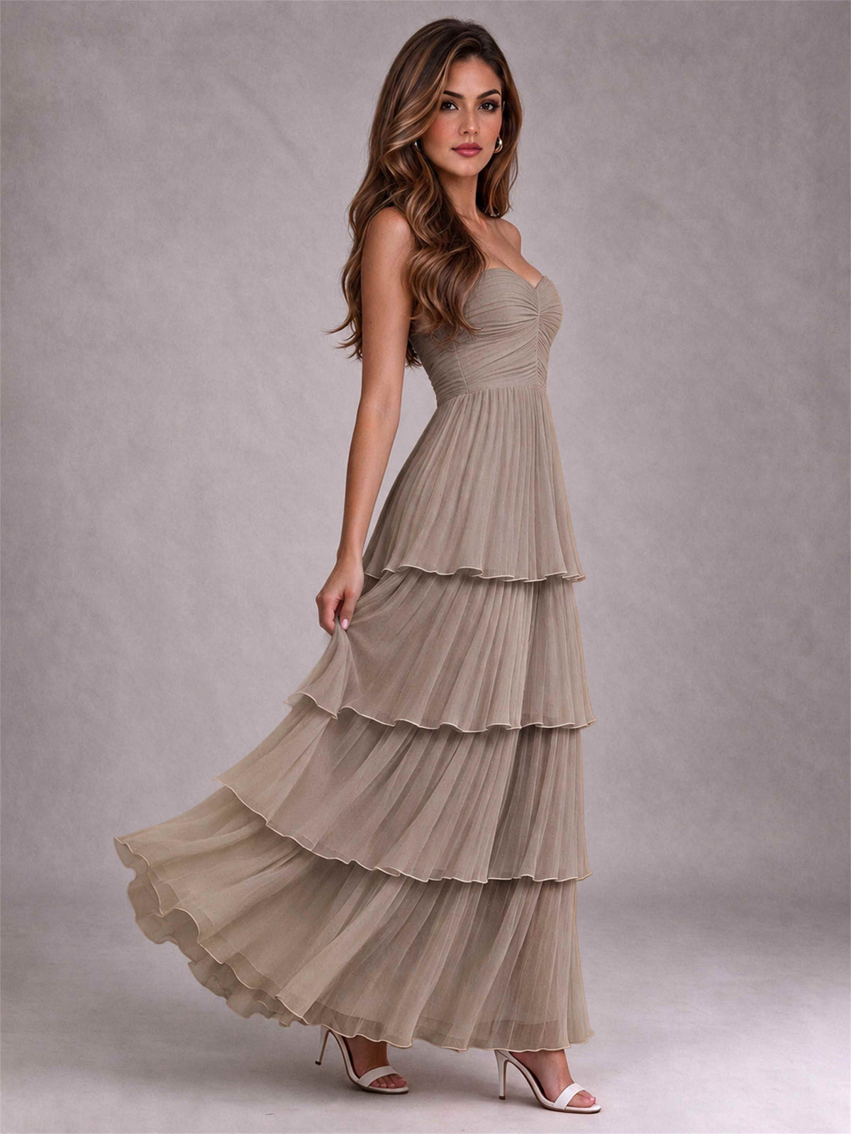 Strapless A-Line Chiffon Tiered Pleated Floor-Length Wedding Guest Dress